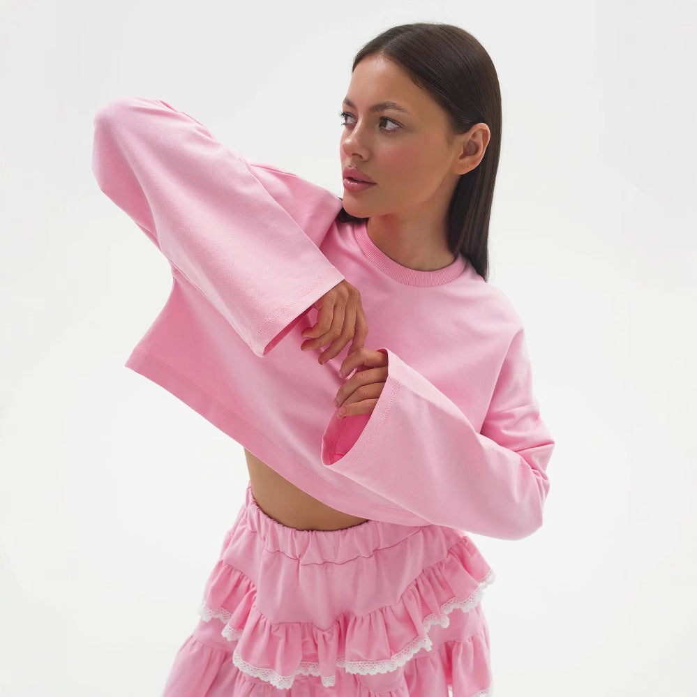 Thin knitted suit women's loose waist skirt lace lazy wind stack mini skirt spring and summer breathable two-piece set