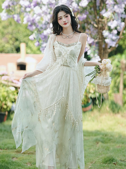 2025 Huge beautiful summer dress exotic style wear seaside vacation  lace embroidered suspender skirt set