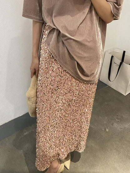 2025 2025 new fashionable high-waisted and thin sequined skirt women's elastic waist back split elastic straight skirt