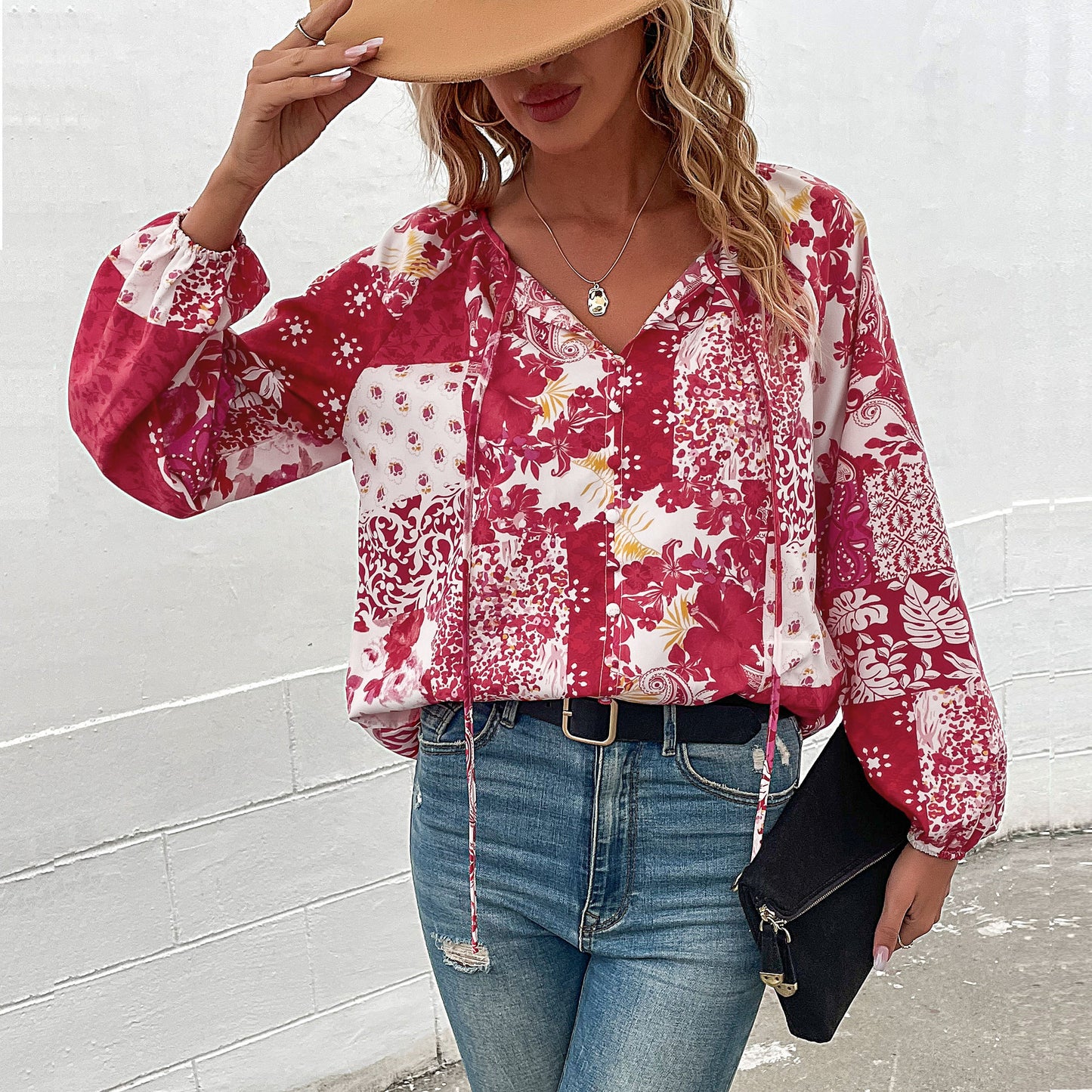 LOVEVOP Cross-border  Hot autumn casual printed shirt fashion 2025 foreign trade lace-up bubble sleeve shirt women