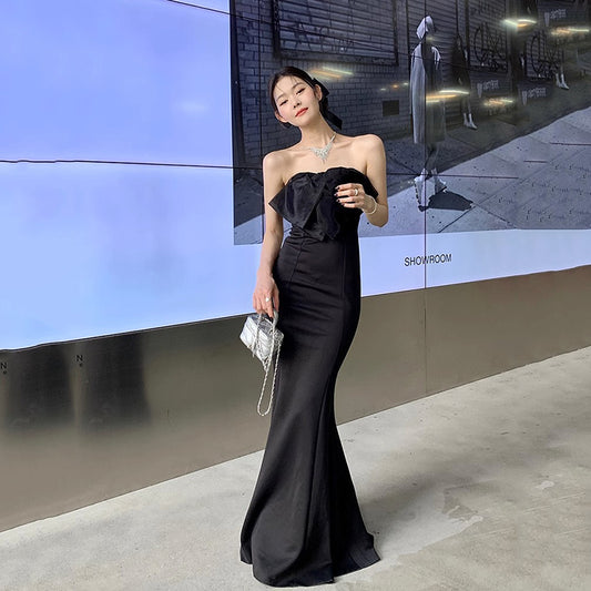 2025 black sexy bow tube top long birthday evening dress Hepburn style formal settings fishtail dress