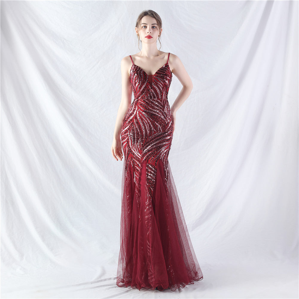 31903 #Hot trade new product laminated bead splicing mesh suspender evening dress