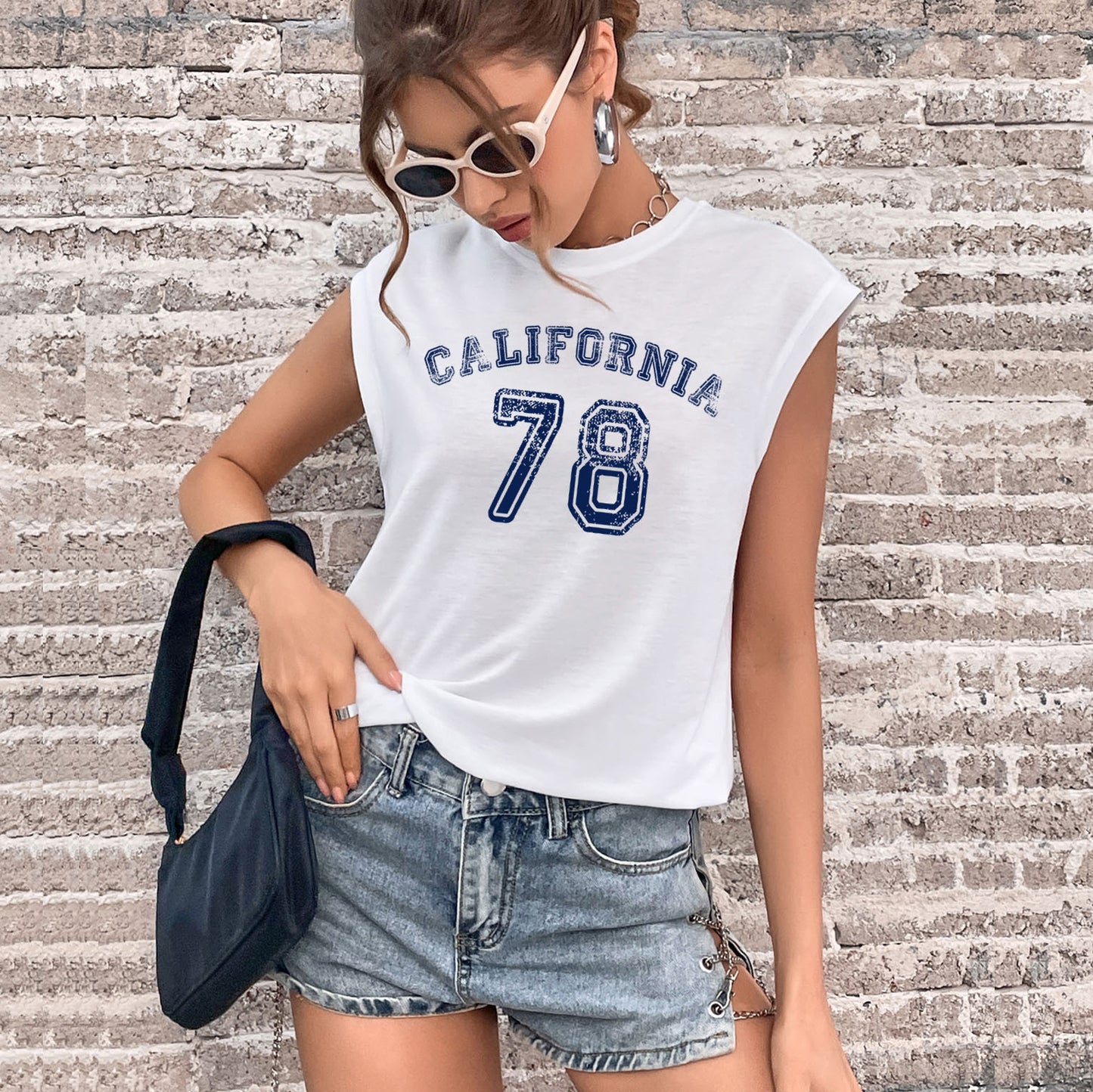 LOVEVOP Cross-border new product popular summer 2025 vest crew neck letter printed top women's Popular trade sleeveless sports t-shirt