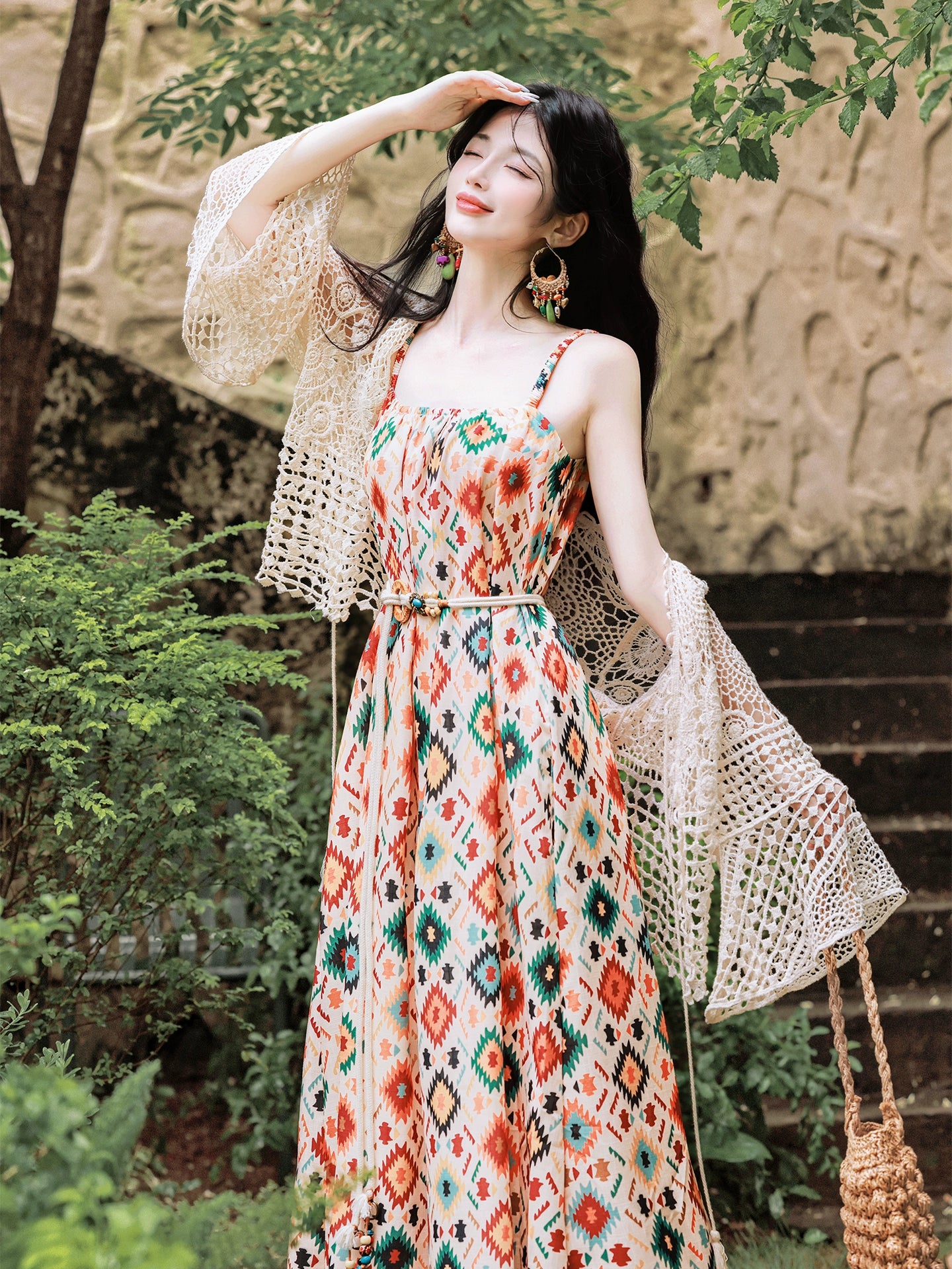 South  seaside vacation floral suspender dress women's summer loose long dress with hollow crochet jacket two-piece set