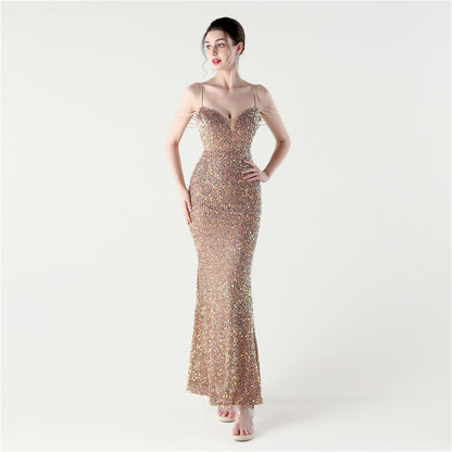 33313 #2025 New sequined beaded party wedding dinner suspender slim-fitting long evening dress