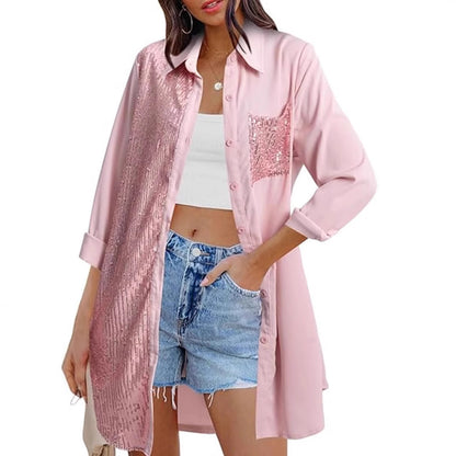 LOVEVOP 2025 New  new  women's clothing, loose long-sleeved shirts, sequined pocket tops,