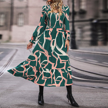 LOVEVOP New Hot Trade Cross-border Printed Long Sleeve Dress Hot Autumn New 2025 Fashion Skirt Women