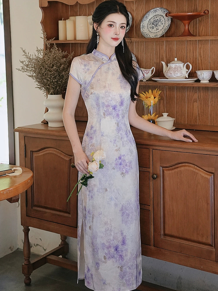 New Chinese jacquard purple cheongsam high-end atmosphere high-grade temperament smudge dress women's summer cold long skirt