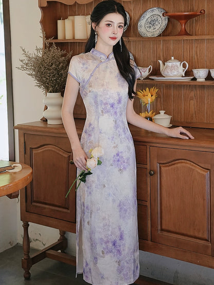 New Chinese jacquard purple cheongsam high-end atmosphere high-grade temperament smudge dress women's summer cold long skirt