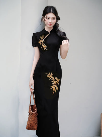 Summer women's clothing new Chinese style black national style golden bamboo embroidered retro cheongsam dress elegant temperament hip-wrapped dress