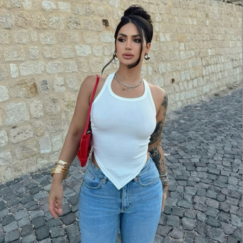 LOVEVOP 2025 style cross-border women's clothing Hot summer new fashionable solid color neck sling vest threaded tight top women