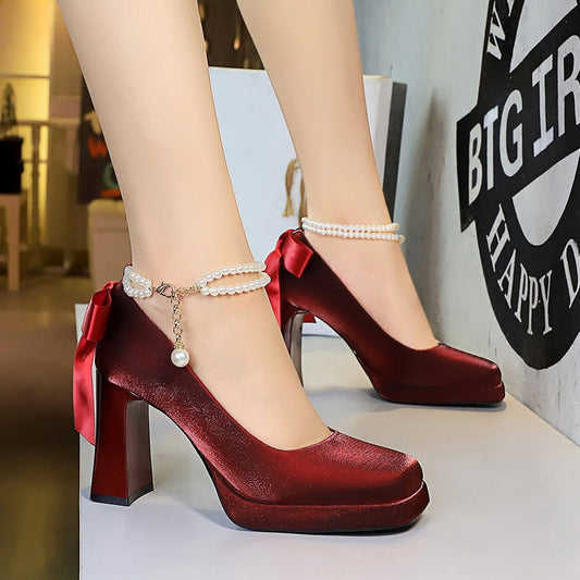 2025 9982-H79TP Korean version of square head thick heel waterproof table high heels pearl word with back bow satin shoes