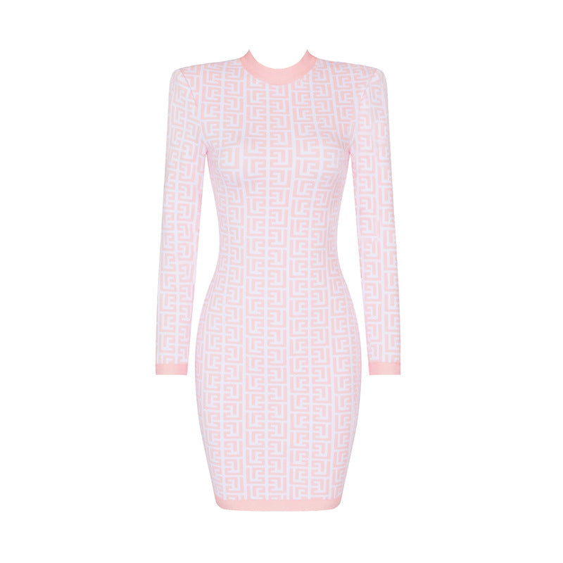 LOVEVOP  autumn and winter pink long-sleeved jacquard knitted elastic  hip wrap  dress high-end bandage women's clothing