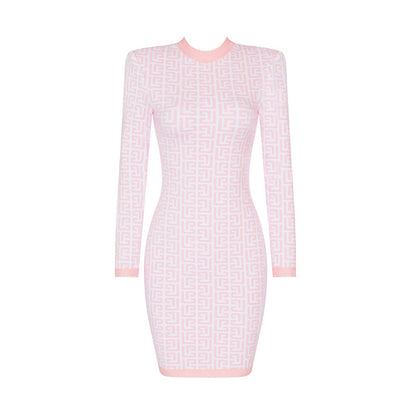 LOVEVOP  autumn and winter pink long-sleeved jacquard knitted elastic  hip wrap  dress high-end bandage women's clothing