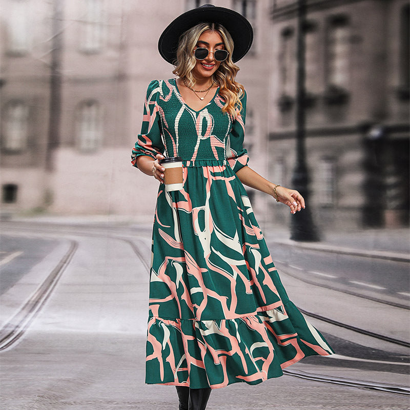 LOVEVOP New Hot Trade Cross-border Printed Long Sleeve Dress Hot Autumn New 2025 Fashion Skirt Women