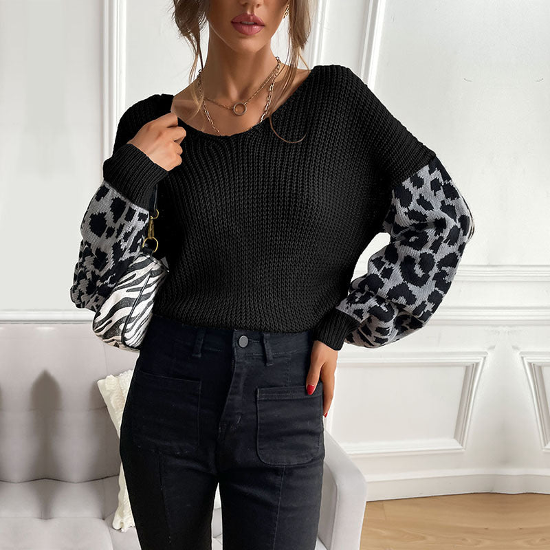 LOVEVOP Popular trade autumn and winter popular new V-neck knitted pullover top loose and lazy leopard print splicing sweater women