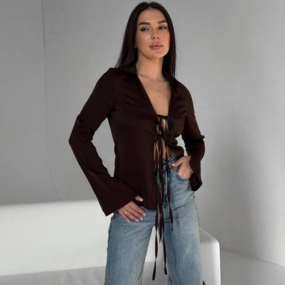 Popularan, n  new women's clothing Spring Festival lace bow decoration silk satin texture shirt niche women's top