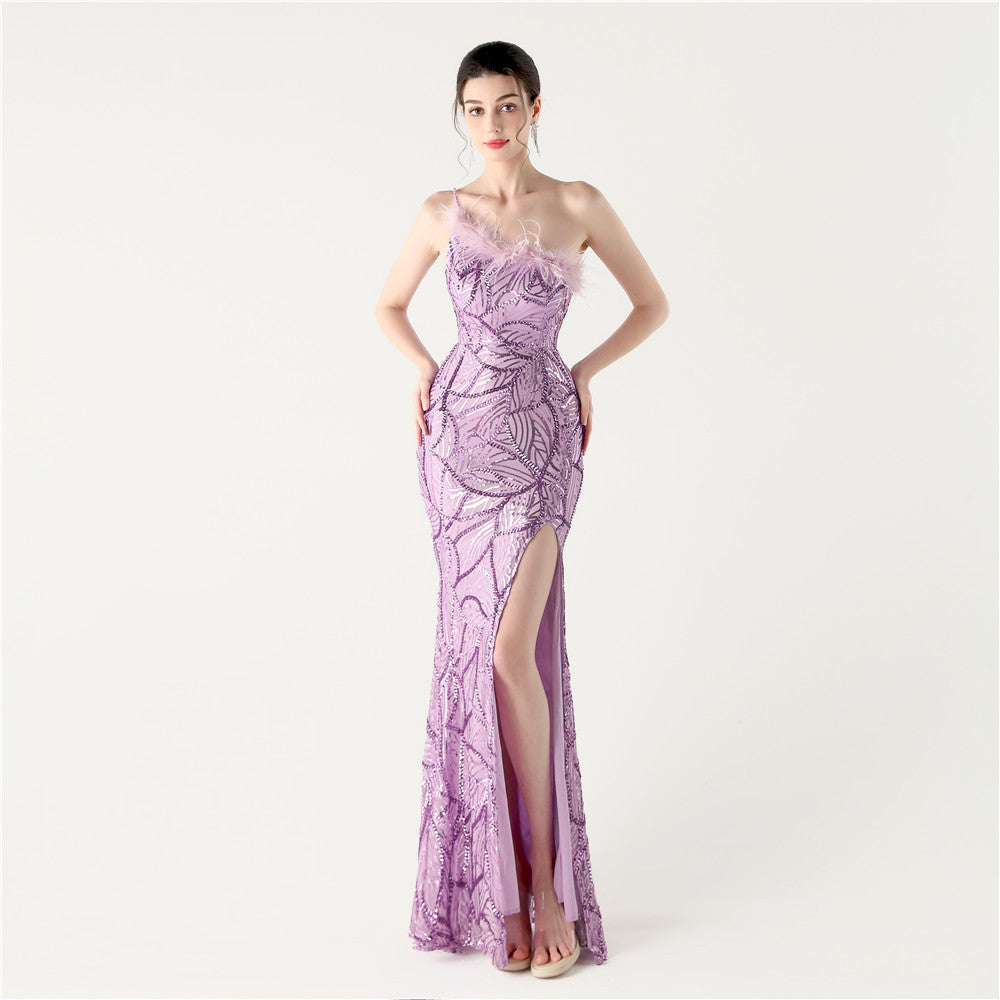 33328 #2025 new sequined evening dress heavy industry stapled beads oblique collar shoulder high split evening dress