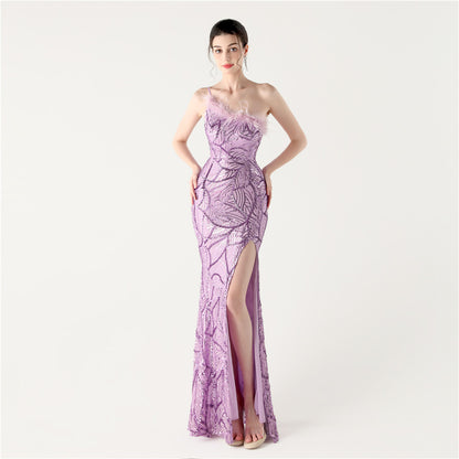 33328 #2025 new sequined evening dress heavy industry stapled beads oblique collar shoulder high split evening dress