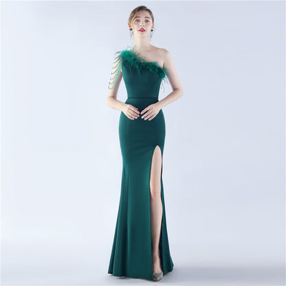 31367 #Hot trade new popular craft beaded ostrich hair satin long evening dress