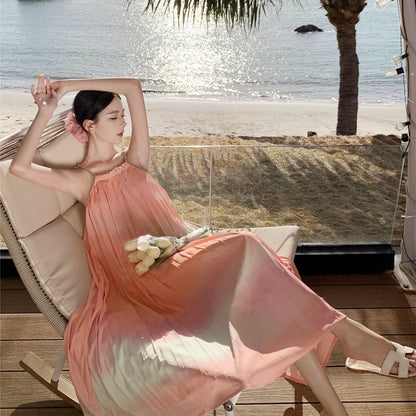 2025 Color printing pleated neck dress women's summer new loose sleeveless big skirt super fairy seaside vacation dress