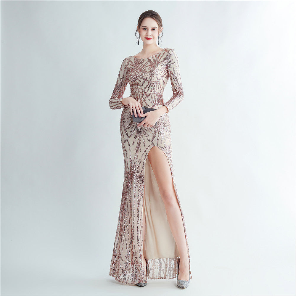 19966 #Hot trade 2025 new sequined long-sleeved split high-end evening dress