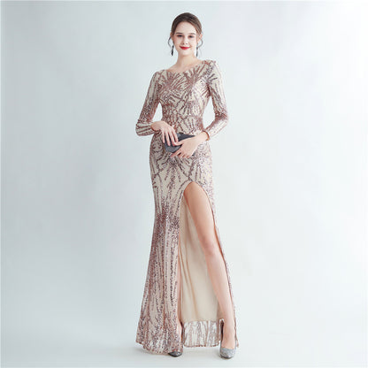 19966 #Hot trade 2025 new sequined long-sleeved split high-end evening dress