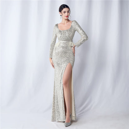 31513 #Popular trade new popular craft nails ostrich beads long-sleeved evening dress