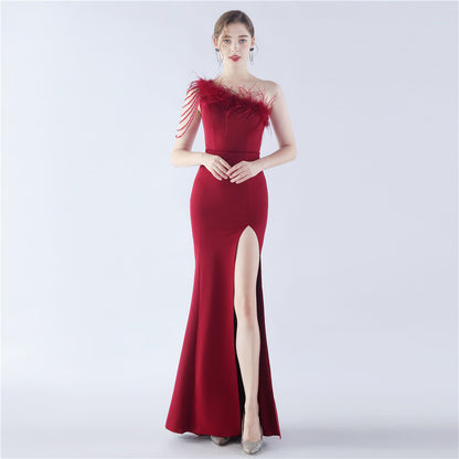 31367 #Hot trade new popular craft beaded ostrich hair satin long evening dress