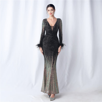 31571 #Popular trade new popular craft order ostrich hair gradual change beads long sleeve evening dress