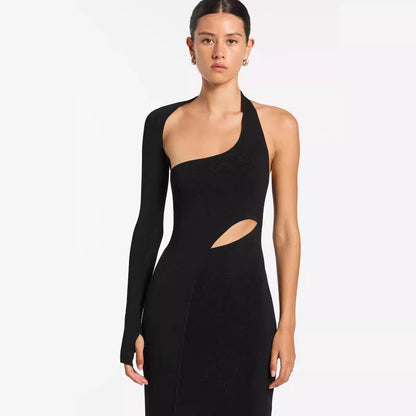 LOVEVOP 's new black knitted women's clothing single-sleeved hollow elastic long dress bandage skirt high-end