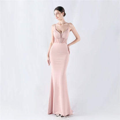 31916 #Hot trade new heavy industry fishbone vest shaping mesh yarn hot diamond sling hip fish tail evening dress