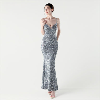 33313 #2025 New sequined beaded party wedding dinner suspender slim-fitting long evening dress