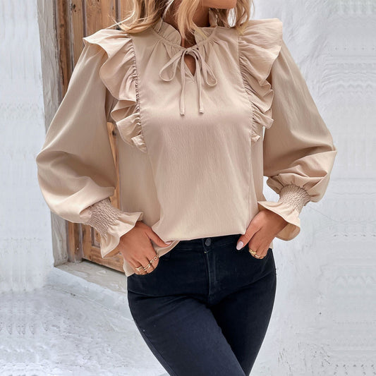 LOVEVOP New Cross-border 2025 Women's Clothing Hot Spring and Summer New Product Lotus Leaf Edge Long Sleeve Design Shirt Women