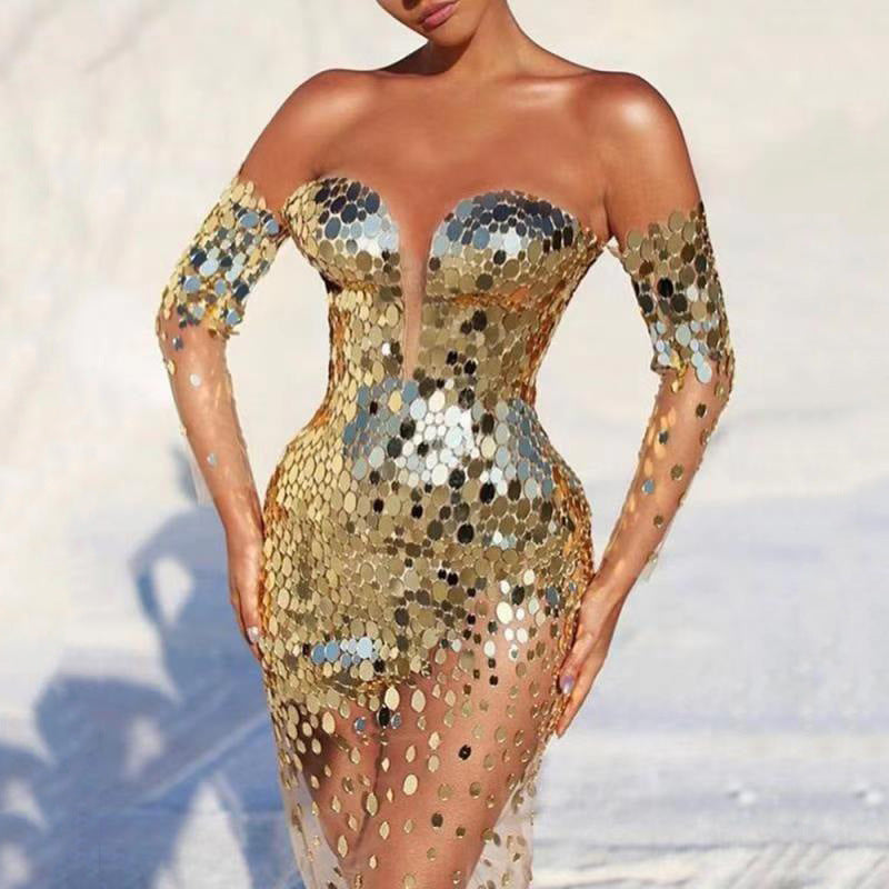 summer new New  women's dress sequined shoulder sexy mesh perspective long evening dress