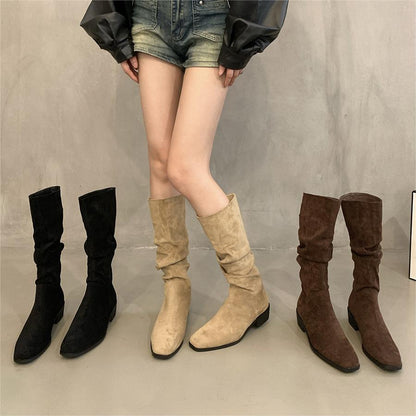 2025  Coarse Heel Suede Pile Long Knight Boots Women's Shoes popular Spring Autumn Winter Vintage Skinny Medium Long Brown Boots