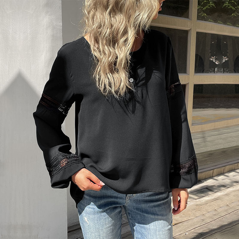 LOVEVOP New Women's Clothing popular Autumn New Lace Splicing Shirt Crew Neck Solid Color Long Sleeve Hollow Shirt