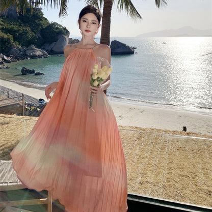 2025 Color printing pleated neck dress women's summer new loose sleeveless big skirt super fairy seaside vacation dress