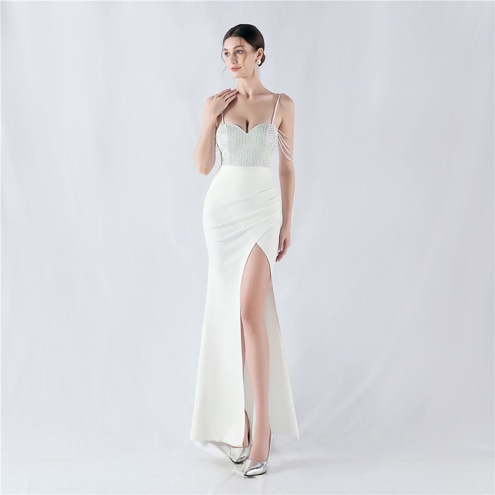 33022 #Popular trade new hot diamond beads high fork satin sexy suspender evening dress