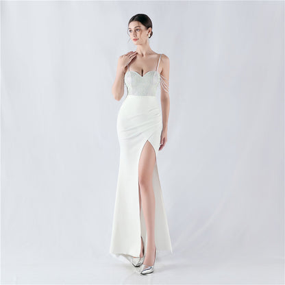 33022 #Popular trade new hot diamond beads high fork satin sexy suspender evening dress