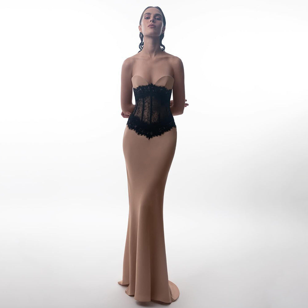 LOVEVOP  apricot lace elastic tube top skirt, sexy slim dress, high elastic hip wrap dress popular summer dress