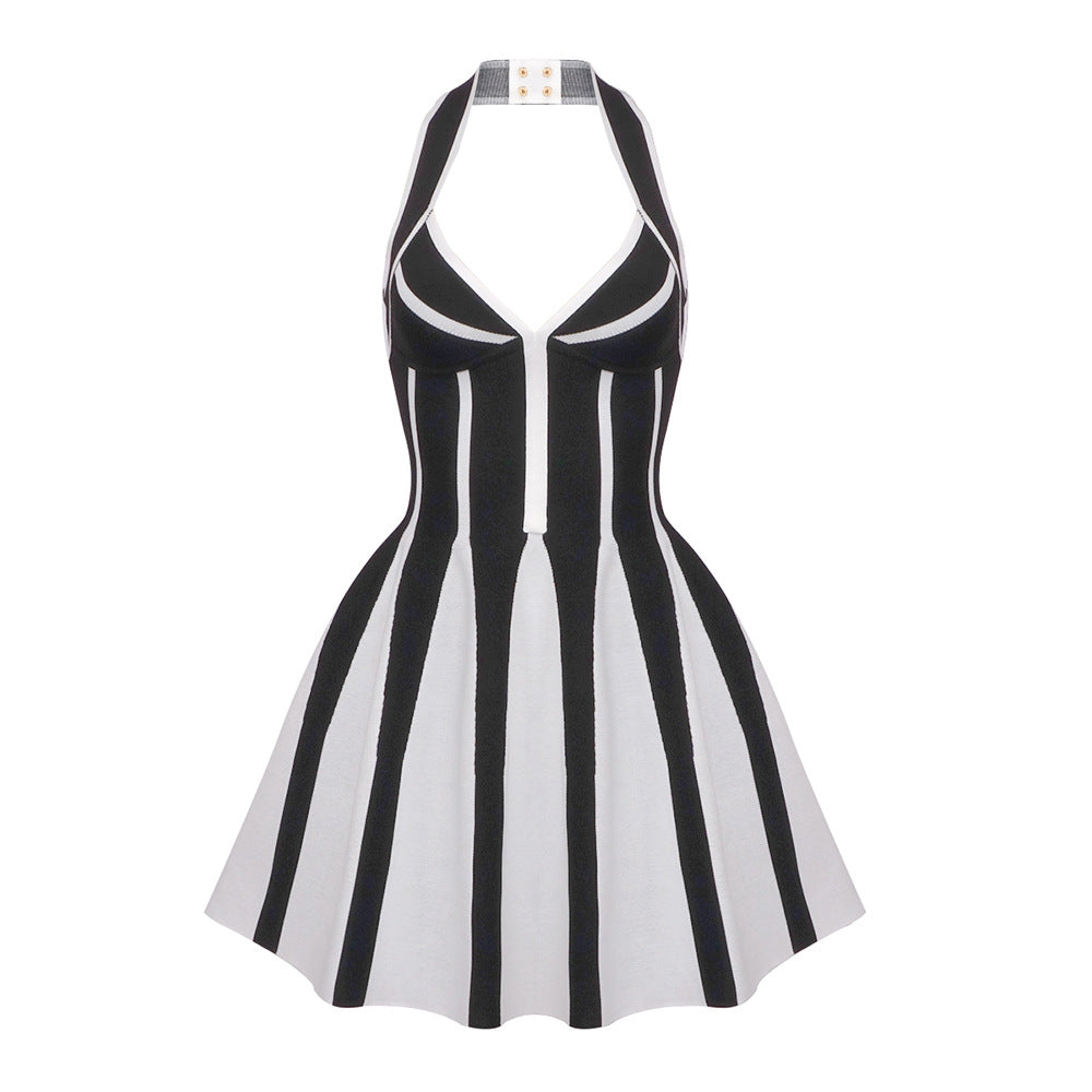 LOVEVOP Popular,  popular summer new  sweet and spicy neck halter suspender knitted striped dress bandage jacquard