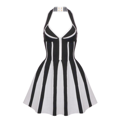 LOVEVOP Popular,  popular summer new  sweet and spicy neck halter suspender knitted striped dress bandage jacquard