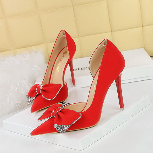 2025 1298-H31 Korean version of fashion high heels, thin heel, super high heel, shallow mouth, pointed side hollow rhinestone bow single shoe
