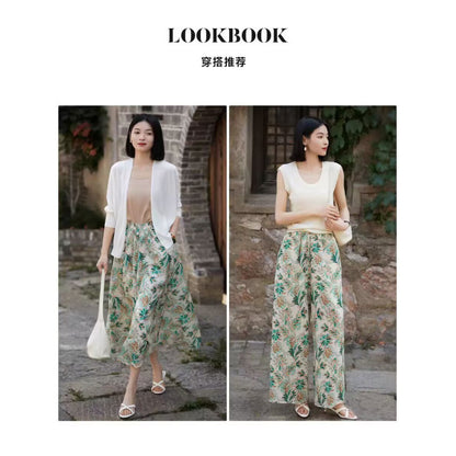 Green literary and retro floral wide-leg pants women's summer  new seaside vacation cotton and linen loose pants