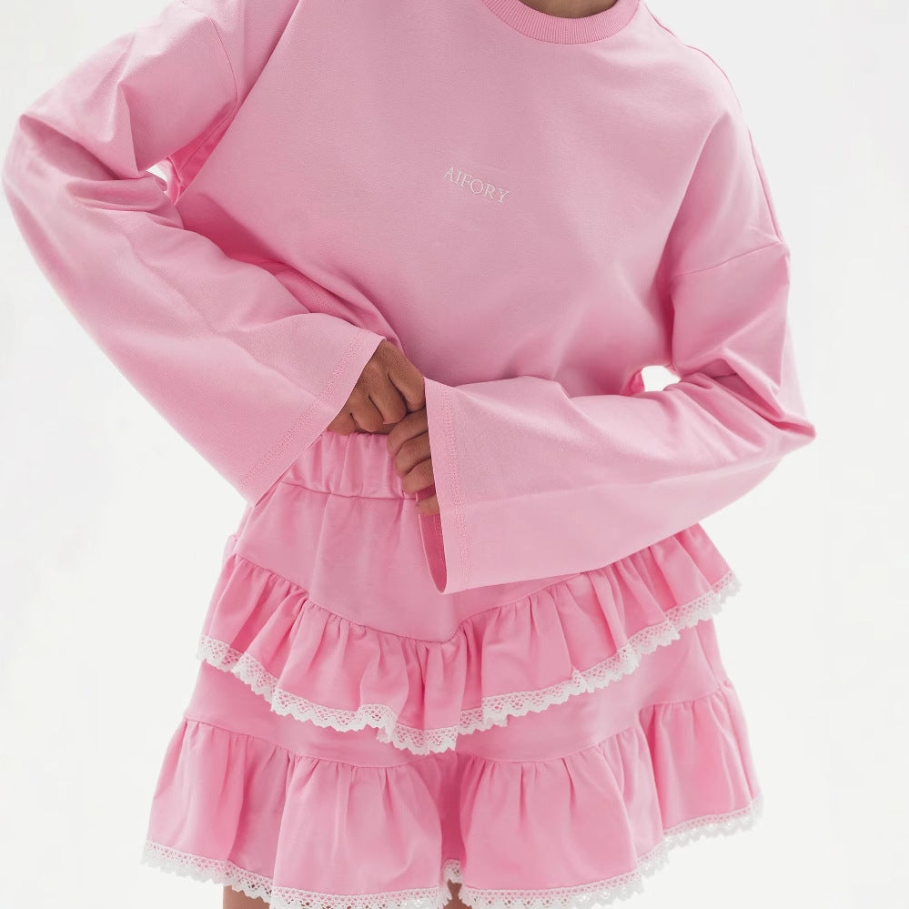 Thin knitted suit women's loose waist skirt lace lazy wind stack mini skirt spring and summer breathable two-piece set