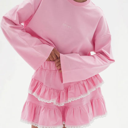 Thin knitted suit women's loose waist skirt lace lazy wind stack mini skirt spring and summer breathable two-piece set