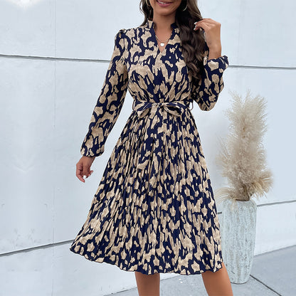 LOVEVOP New Cross-border Hot Trade 2025 Women's Clothing Hot Autumn New Folded Printing Long Sleeve Dress