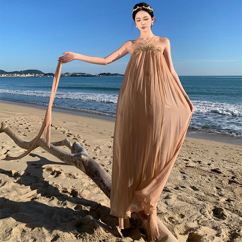 2025 Chic and beautiful one-word shoulder neck dress women's summer high-end desert travel photo seaside vacation beach dress