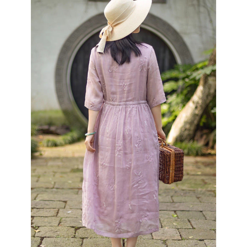Temperament embroidery v-neck waist thin dress  summer new high-end embroidery lace-up dress women